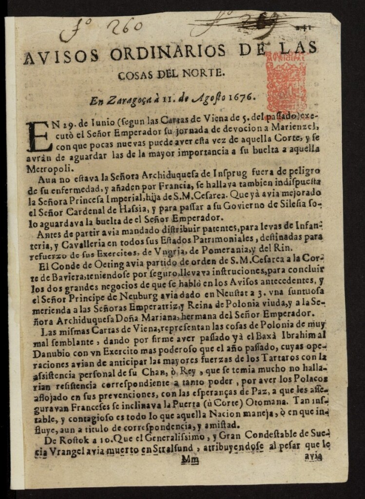 Miniatura de Avisos ordinarios de las cosas del Norte del 11 de agosto de 1676