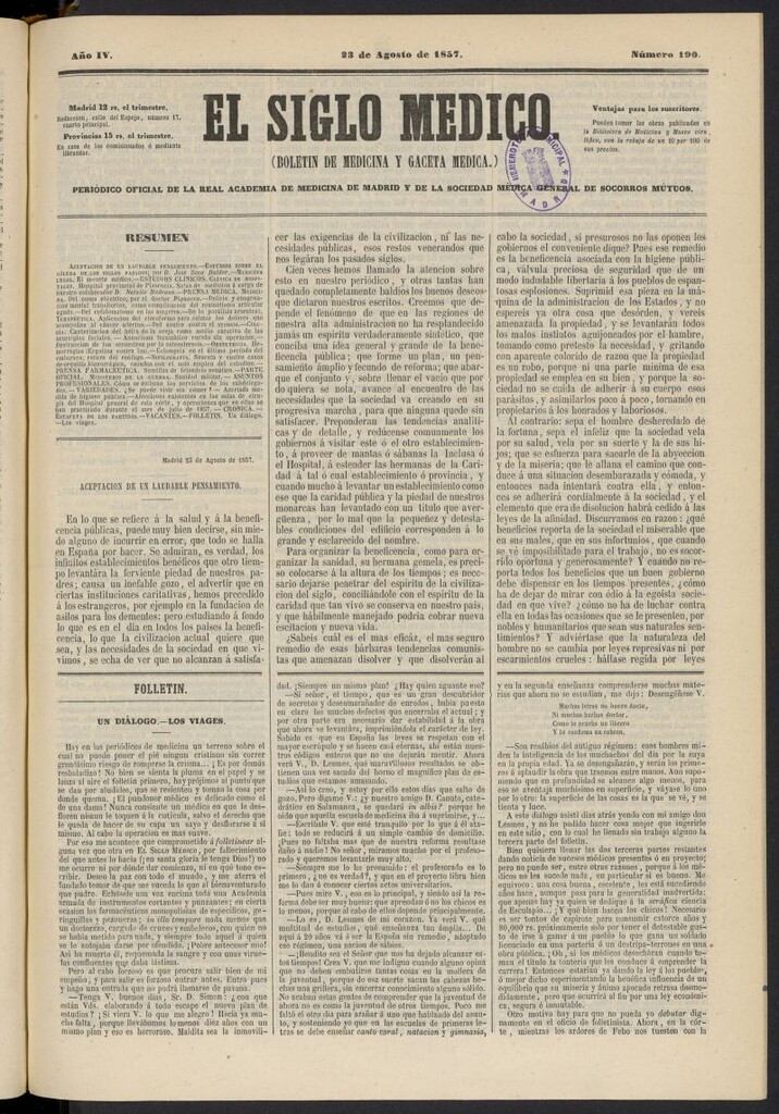 Miniatura de El Siglo Médico: boletín de medicina y gaceta médica del 23 de agosto de 1857, nº 190