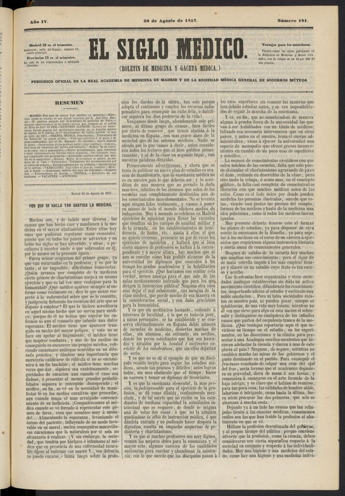 Miniatura de El Siglo Médico: boletín de medicina y gaceta médica del 30 de agosto de 1857, nº 191