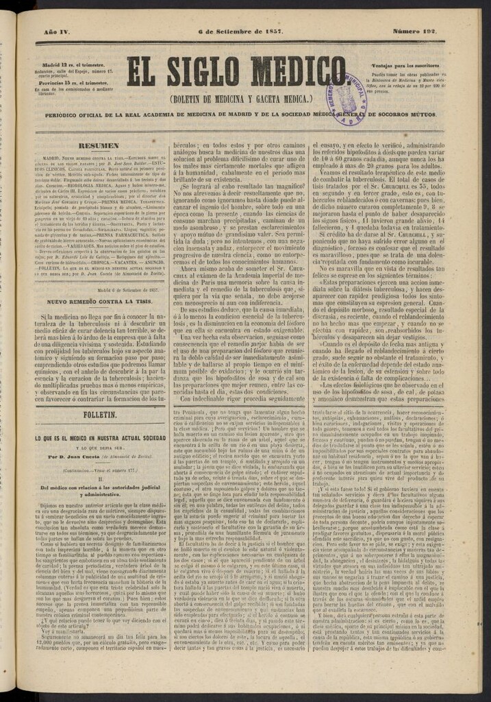 Miniatura de El Siglo Médico: boletín de medicina y gaceta médica del 6 de septiembre de 1857, nº 192