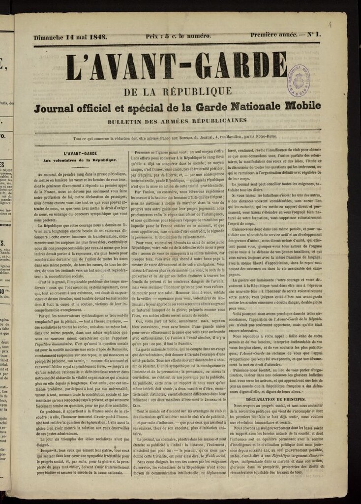 Miniatura de L´Avant Garde de la République del 14 de mayo de 1848, nº 1