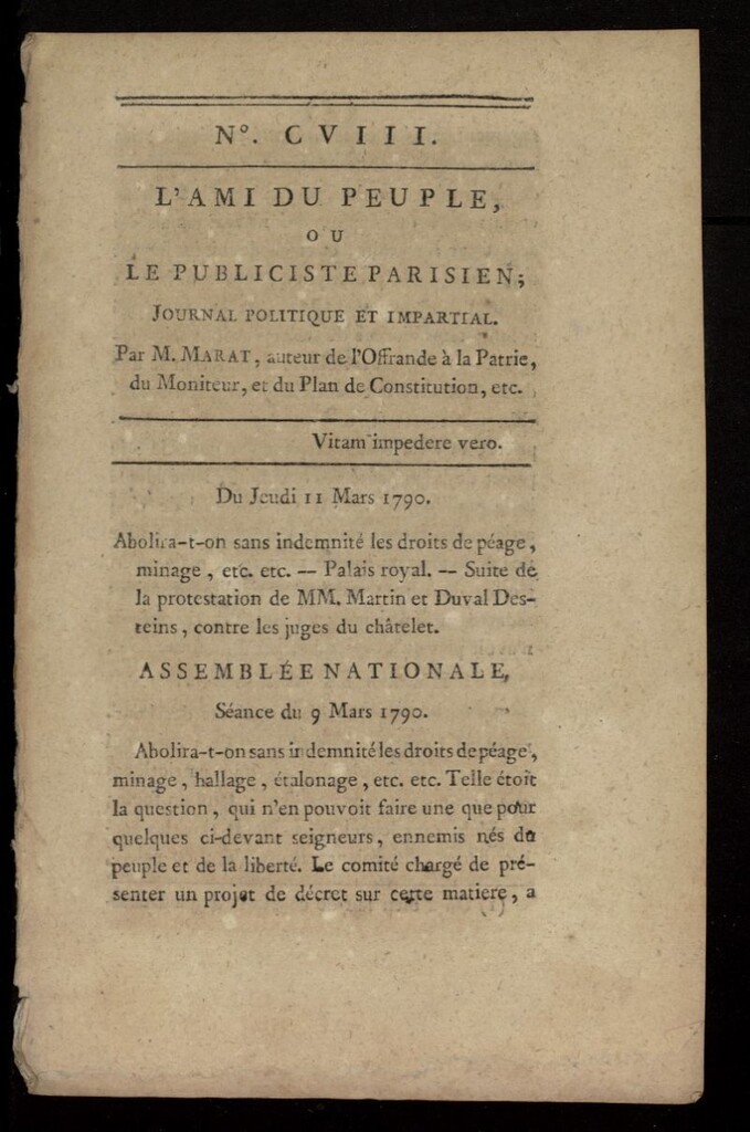 Miniatura de L´Ami du Peuple ou Le Publiciste Parisien Politique... del 11 de marzo de 1790, nº 108