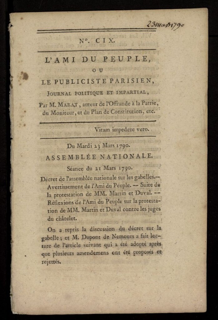Miniatura de L´Ami du Peuple ou Le Publiciste Parisien Politique... del 23 de marzo de 1790, nº 109