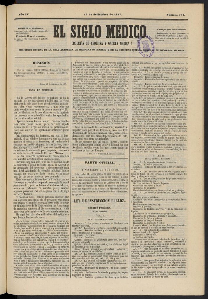 Miniatura de El Siglo Médico: boletín de medicina y gaceta médica del 13 de septiembre de 1857, nº 193
