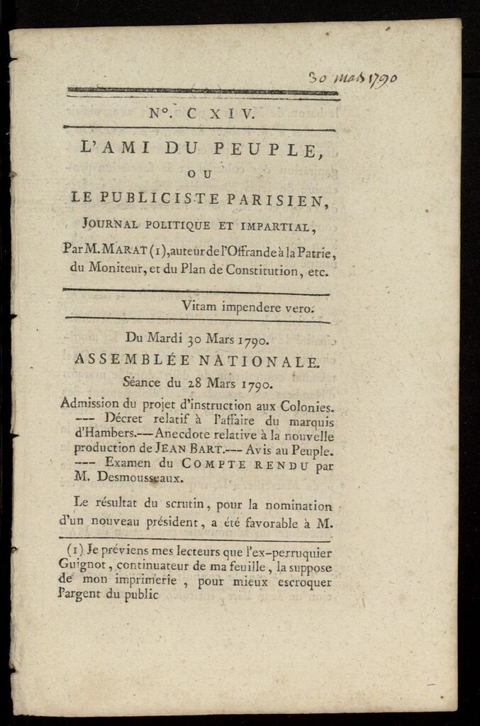 Miniatura de L´Ami du Peuple ou Le Publiciste Parisien Politique... del 30 de marzo de 1790, nº 114