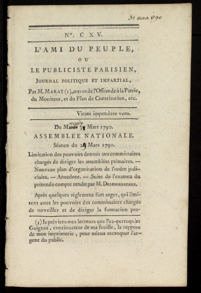 Miniatura de L´Ami du Peuple ou Le Publiciste Parisien Politique... del 31 de marzo de 1790, nº 115