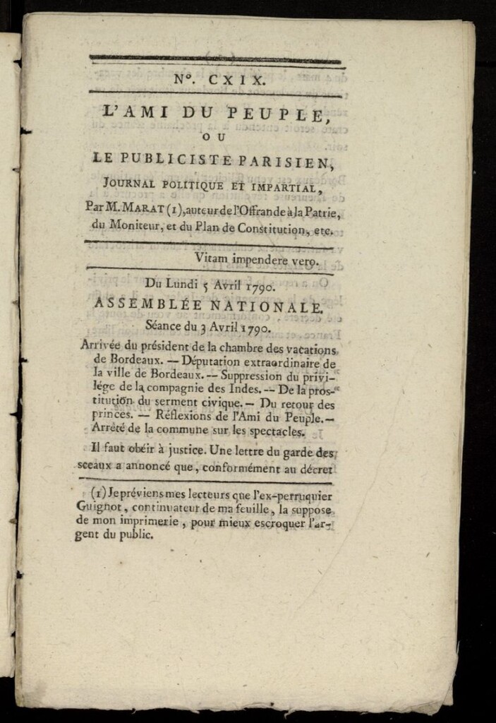 Miniatura de L´Ami du Peuple ou Le Publiciste Parisien Politique... del 5 de abril de 1790, nº 119