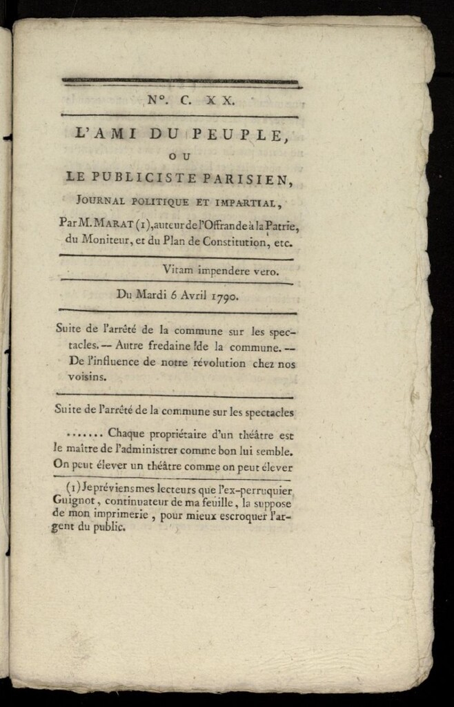 Miniatura de L´Ami du Peuple ou Le Publiciste Parisien Politique... del 6 de abril de 1790, nº 120