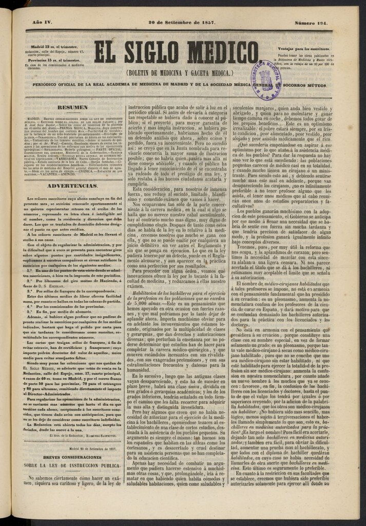 Miniatura de El Siglo Médico: boletín de medicina y gaceta médica del 20 de septiembre de 1857, nº 194