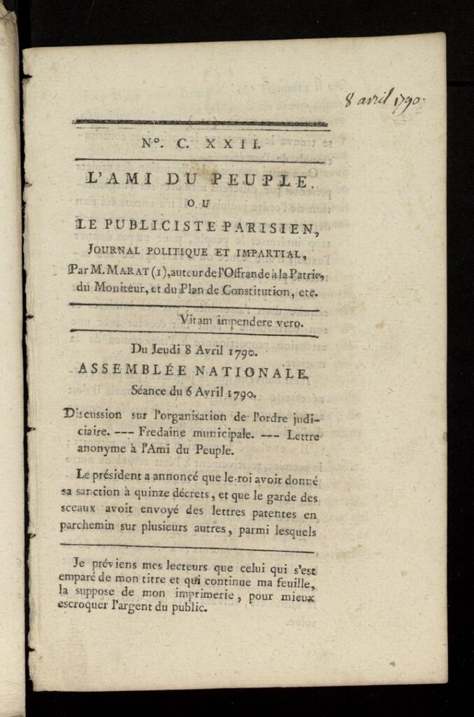 Miniatura de L´Ami du Peuple ou Le Publiciste Parisien Politique... del 8 de abril de 1790, nº 122