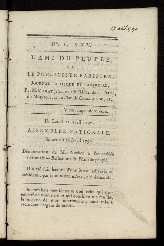 Miniatura de L´Ami du Peuple ou Le Publiciste Parisien Politique... del 12 de abril de 1790, nº 125