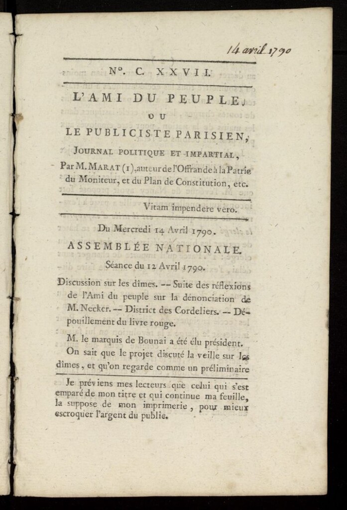 Miniatura de L´Ami du Peuple ou Le Publiciste Parisien Politique... del 14 de abril de 1790, nº 127