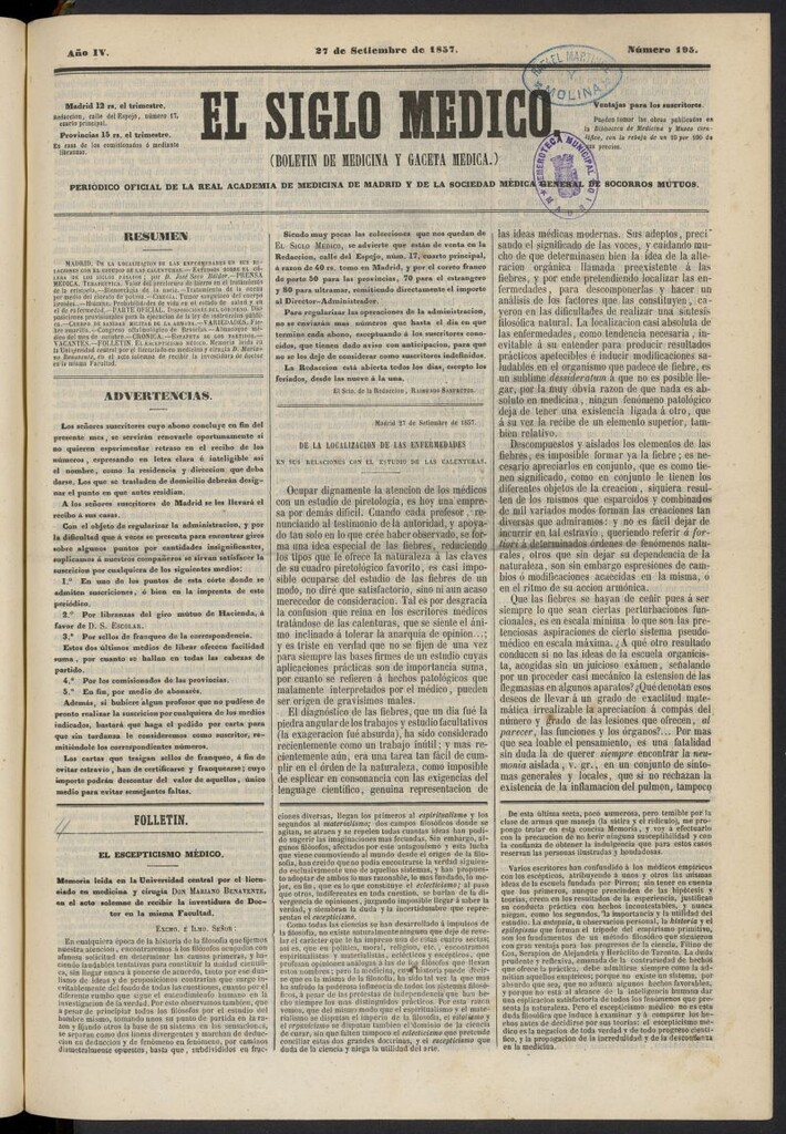 Miniatura de El Siglo Médico: boletín de medicina y gaceta médica del 27 de septiembre de 1857, nº 195