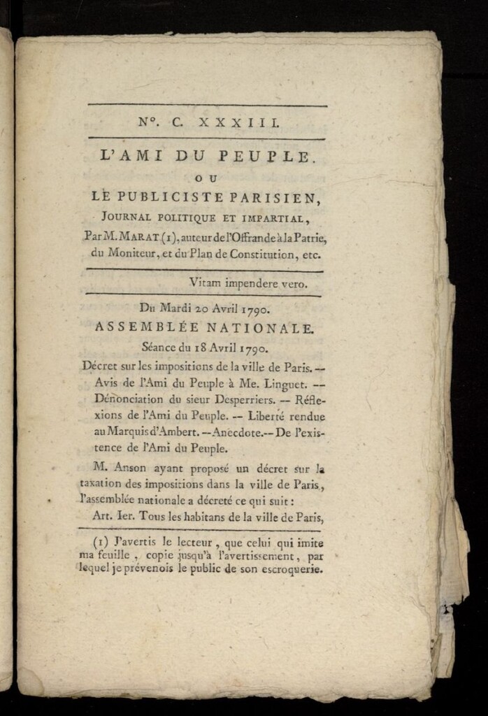 Miniatura de L´Ami du Peuple ou Le Publiciste Parisien Politique... del 20 de abril de 1790, nº 133