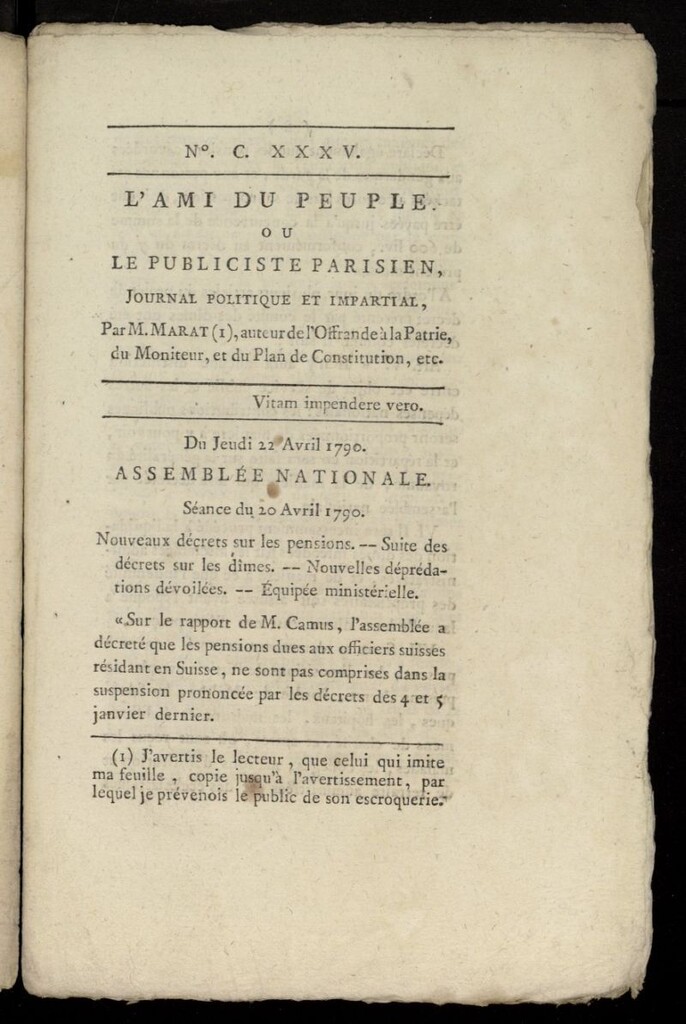 Miniatura de L´Ami du Peuple ou Le Publiciste Parisien Politique... del 22 de abril de 1790, nº 135
