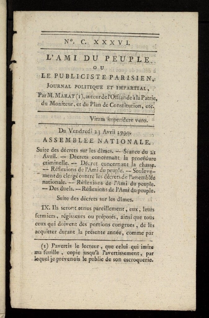 Miniatura de L´Ami du Peuple ou Le Publiciste Parisien Politique... del 23 de abril de 1790, nº 136