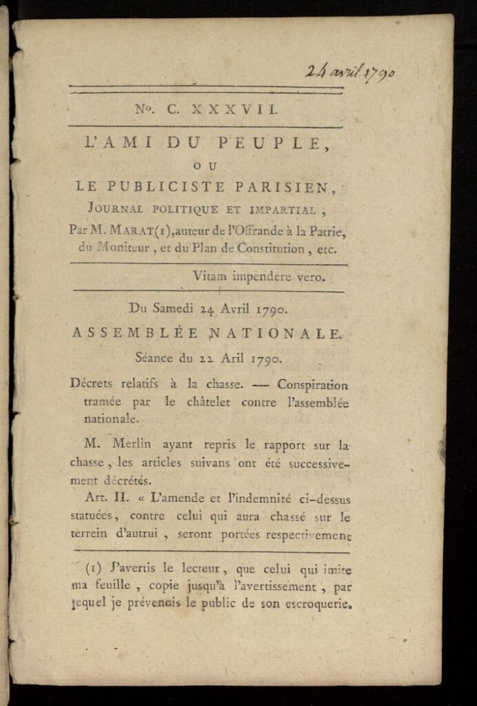 Miniatura de L´Ami du Peuple ou Le Publiciste Parisien Politique... del 24 de abril de 1790, nº 137