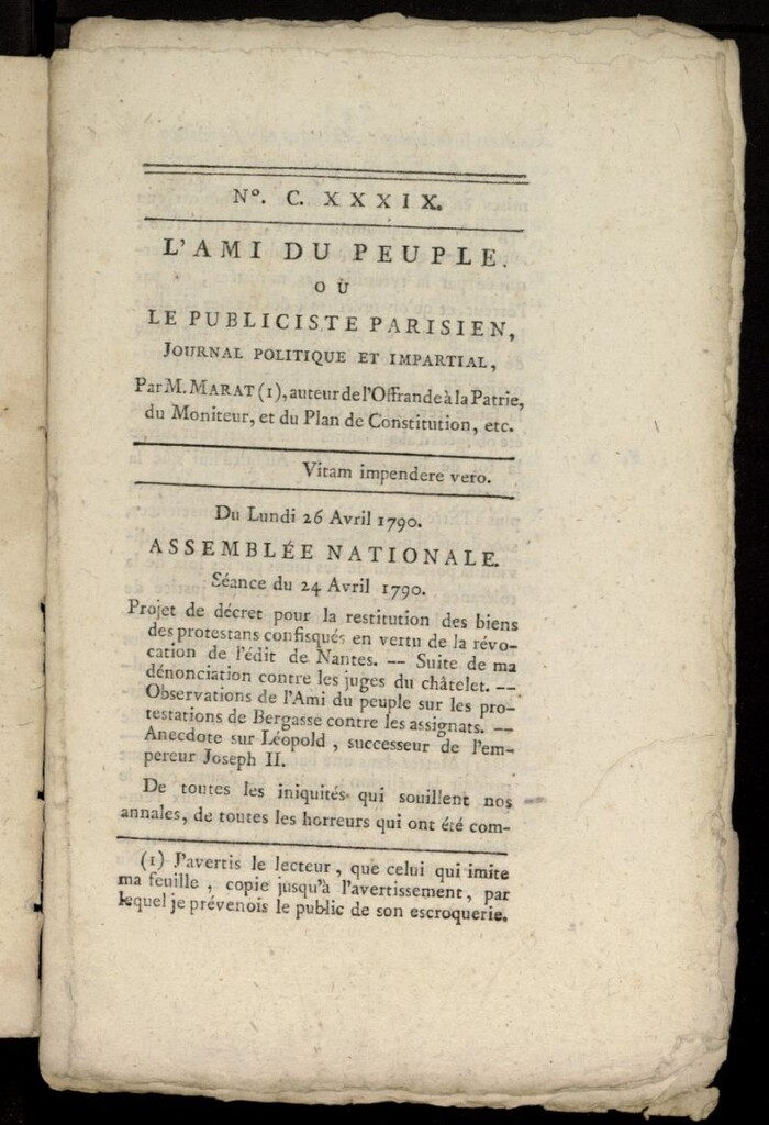 Miniatura de L´Ami du Peuple ou Le Publiciste Parisien Politique... del 26 de abril de 1790, nº 139