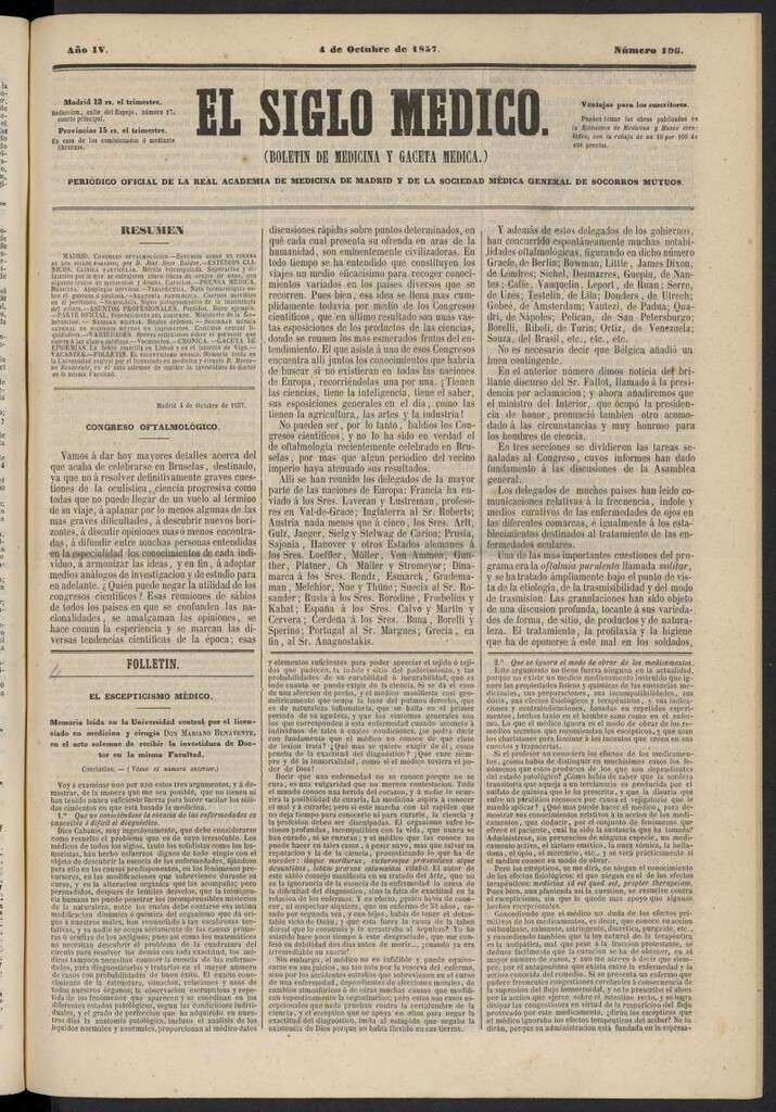 Miniatura de El Siglo Médico: boletín de medicina y gaceta médica del 4 de octubre de 1857, nº 196
