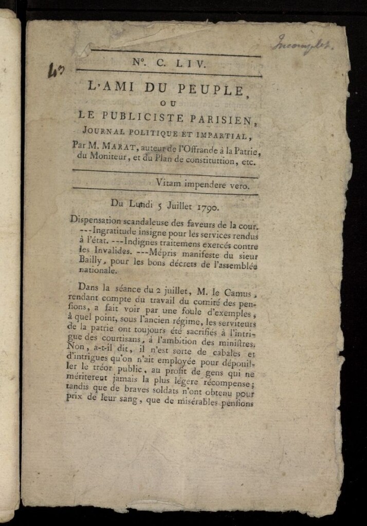 Miniatura de L´Ami du Peuple ou Le Publiciste Parisien Politique... del 5 de julio de 1790, nº 154