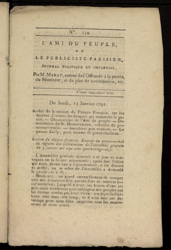 Miniatura de L´Ami du Peuple ou Le Publiciste Parisien, journal politique et impartial del 13 de enero de 1791, nº 339