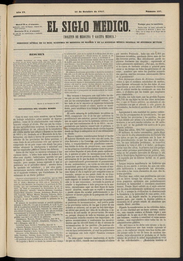 Miniatura de El Siglo Médico: boletín de medicina y gaceta médica del 11 de octubre de 1857, nº 197