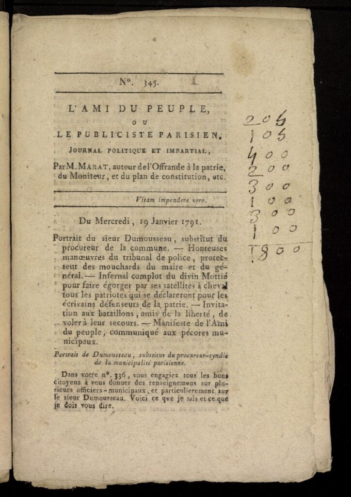 Miniatura de L´Ami du Peuple ou Le Publiciste Parisien, journal politique et impartial del 19 de enero de 1791, nº 345
