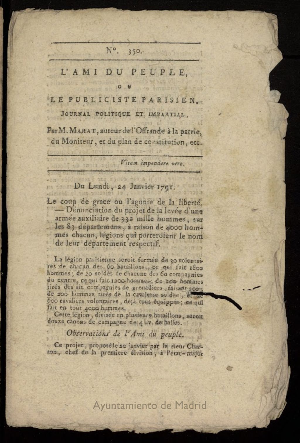 Miniatura de L´Ami du Peuple ou Le Publiciste Parisien, journal politique et impartial del 24 de enero de 1791, nº 350