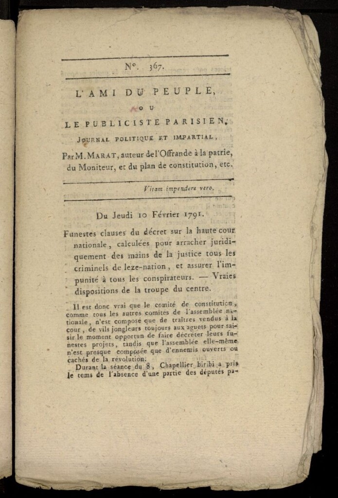 Miniatura de L´Ami du Peuple ou Le Publiciste Parisien, journal politique et impartial del 10 de febrero de 1791, nº 367