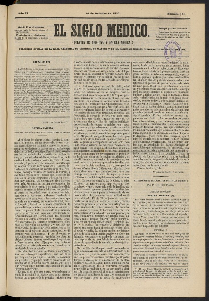 Miniatura de El Siglo Médico: boletín de medicina y gaceta médica del 18 de octubre de 1857, nº 198