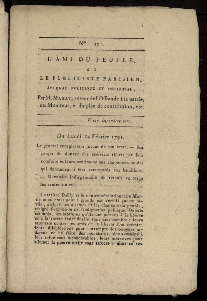 Miniatura de L´Ami du Peuple ou Le Publiciste Parisien, journal politique et impartial del 14 de febrero de 1791, nº 371