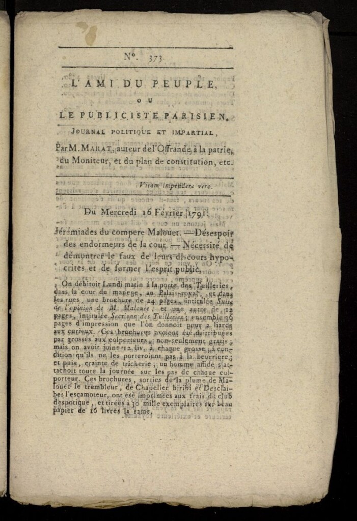 Miniatura de L´Ami du Peuple ou Le Publiciste Parisien, journal politique et impartial del 16 de febrero de 1792, nº 373