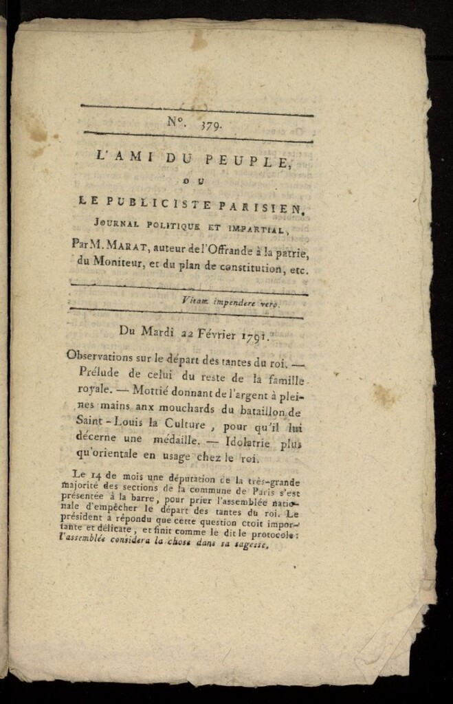 Miniatura de L´Ami du Peuple ou Le Publiciste Parisien, journal politique et impartial del 22 de febrero de 1791, nº 379