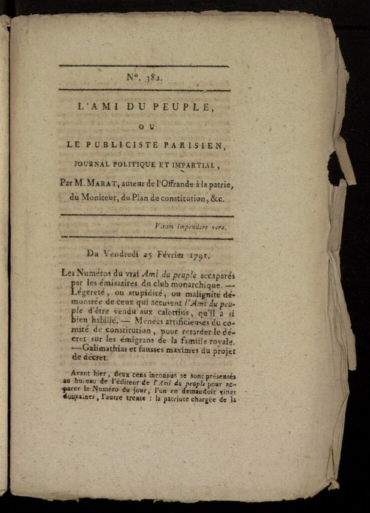 Miniatura de L´Ami du Peuple ou Le Publiciste Parisien, journal politique et impartial del 25 de febrero de 1791, nº 382