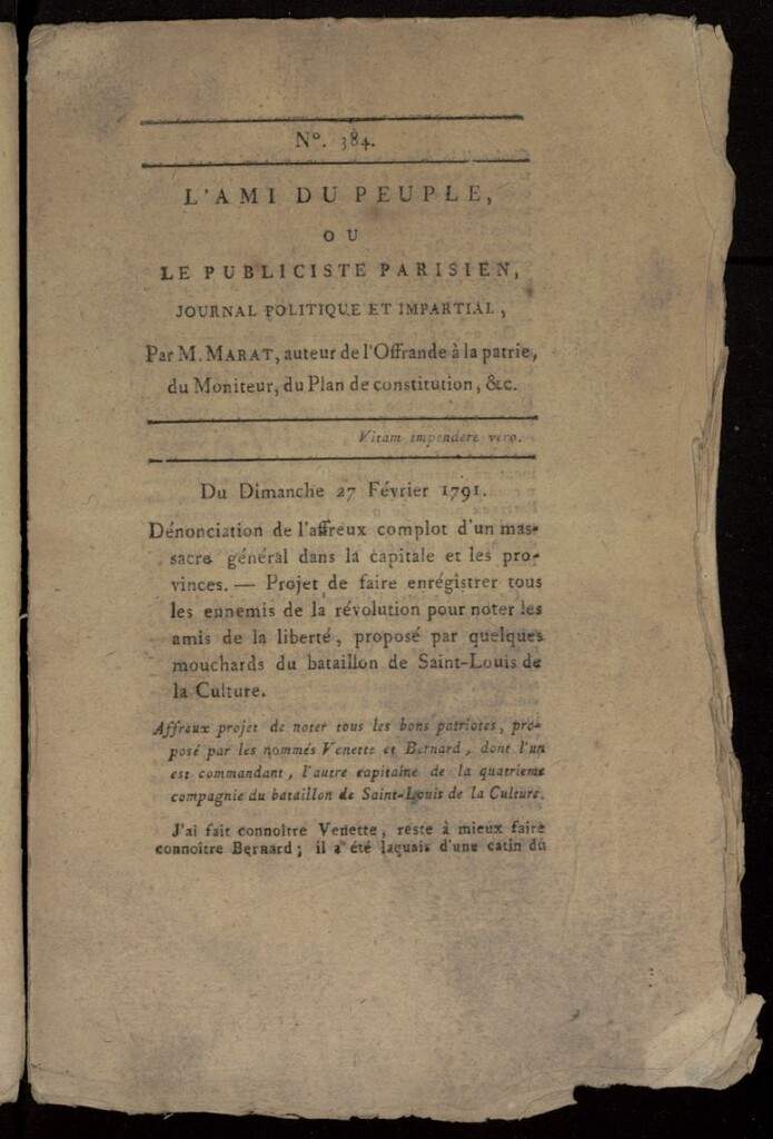 Miniatura de L´Ami du Peuple ou Le Publiciste Parisien, journal politique et impartial del 27 de febrero de 1791, nº 384