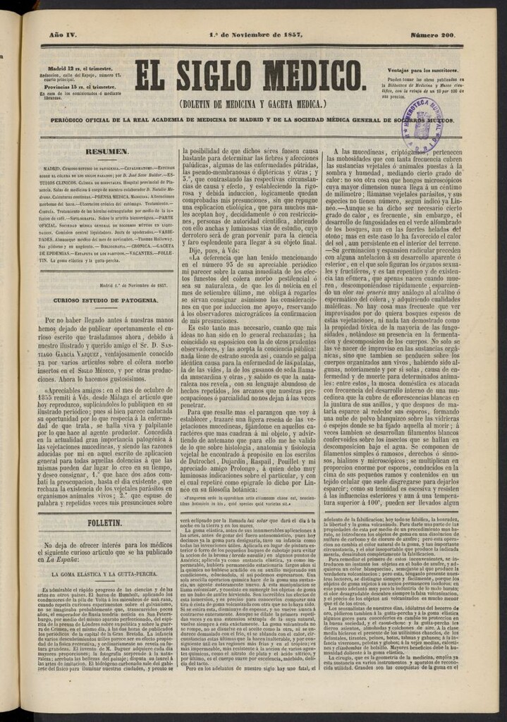 Miniatura de El Siglo Médico: boletín de medicina y gaceta médica del 1 de noviembre de 1857, nº 200