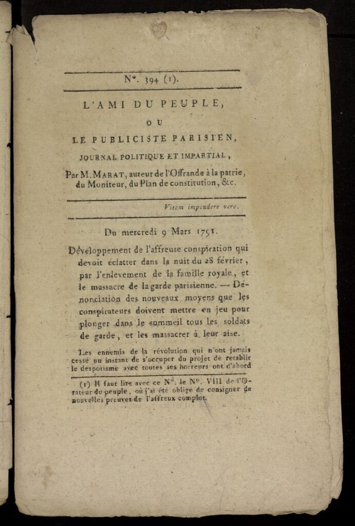Miniatura de L´Ami du Peuple ou Le Publiciste Parisien, journal politique et impartial del 9 de marzo de 1791, nº 394
