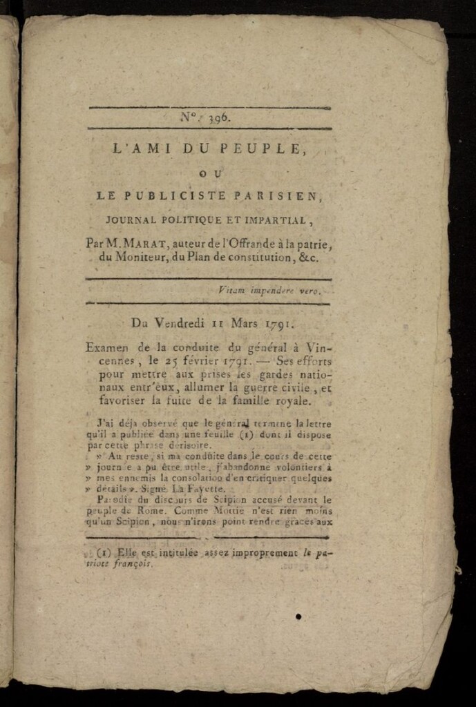 Miniatura de L´Ami du Peuple ou Le Publiciste Parisien, journal politique et impartial del 11 de marzo de 1791, nº 396