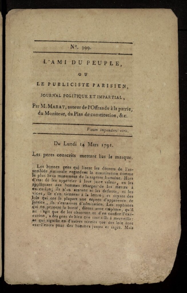 Miniatura de L´Ami du Peuple ou Le Publiciste Parisien, journal politique et impartial del 14 de marzo de 1791, nº 399
