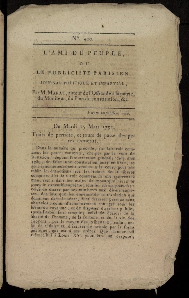 Miniatura de L´Ami du Peuple ou Le Publiciste Parisien, journal politique et impartial del 15 de marzo de 1791, nº 400