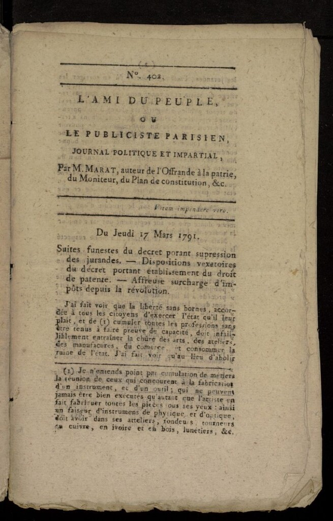 Miniatura de L´Ami du Peuple ou Le Publiciste Parisien, journal politique et impartial del 17 de marzo de 1791, nº 402