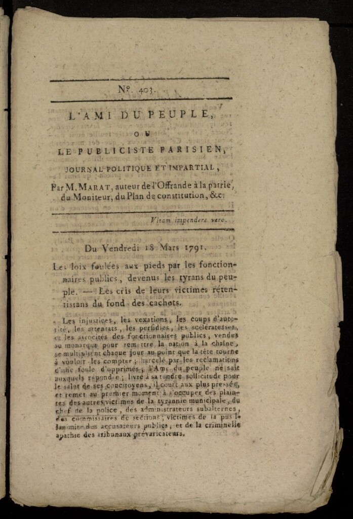 Miniatura de L´Ami du Peuple ou Le Publiciste Parisien, journal politique et impartial del 18 de marzo de 1791, nº 403