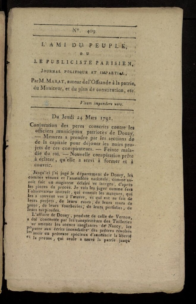 Miniatura de L´Ami du Peuple ou Le Publiciste Parisien, journal politique et impartial del 24 de marzo de 1791, nº 409