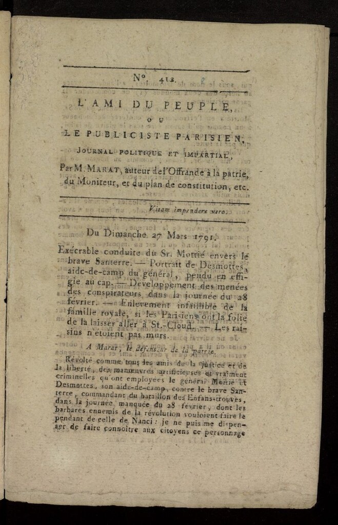 Miniatura de L´Ami du Peuple ou Le Publiciste Parisien, journal politique et impartial del 27 de marzo de 1791, nº 412