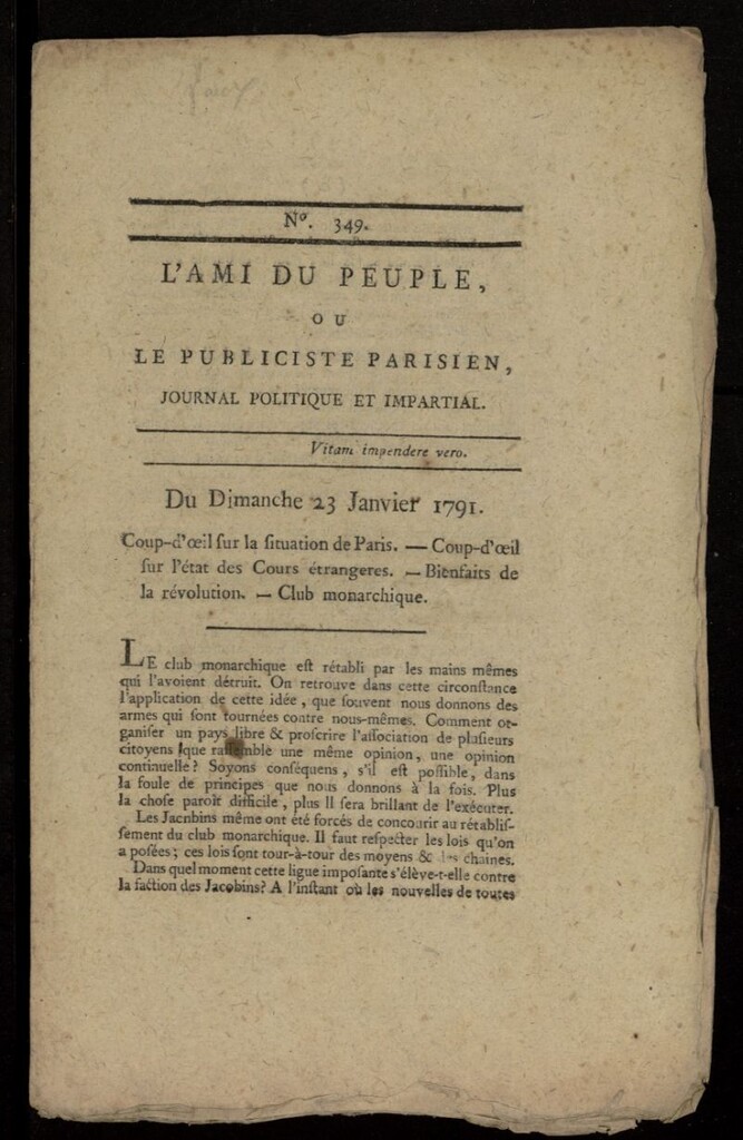 Miniatura de L´Ami du Peuple ou Le Publiciste Parisien, journal politique et impartial del 23 de enero de 1791, suplemento al nº 349