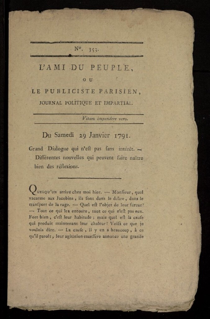 Miniatura de L´Ami du Peuple ou Le Publiciste Parisien, journal politique et impartial del 29 de enero de 1791, suplemento al nº 353