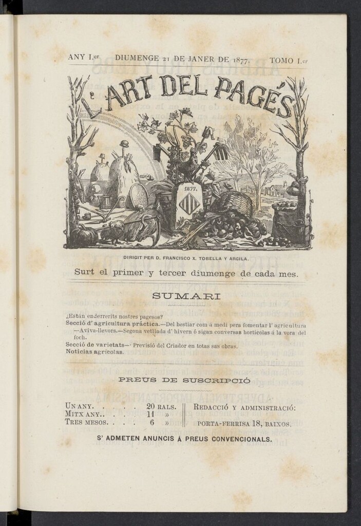Miniatura de L´Art del Pagés del 21 de enero de 1877, nº 1 [sic]