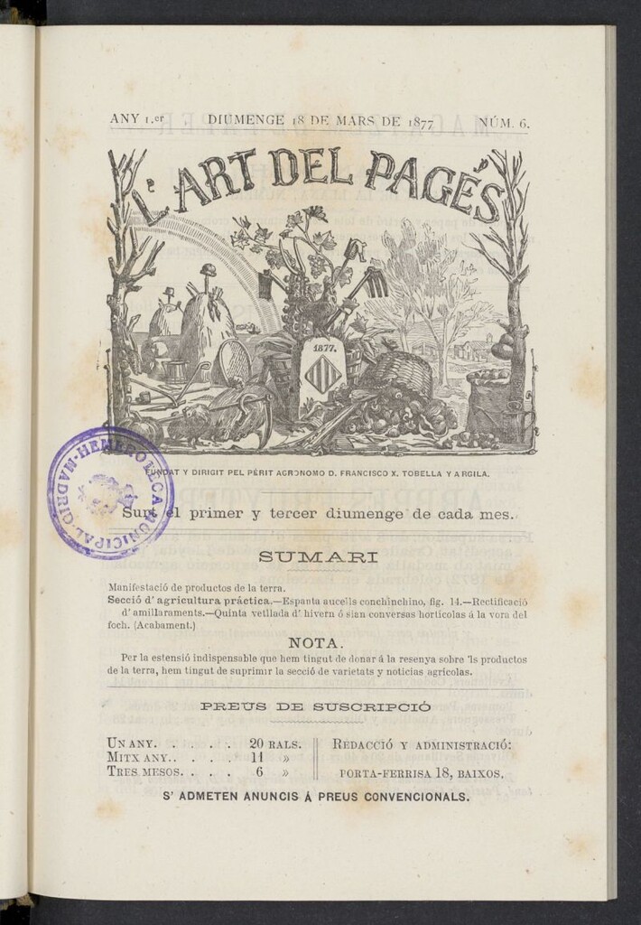 Miniatura de L´Art del Pagés del 18 de marzo de 1877, nº 6