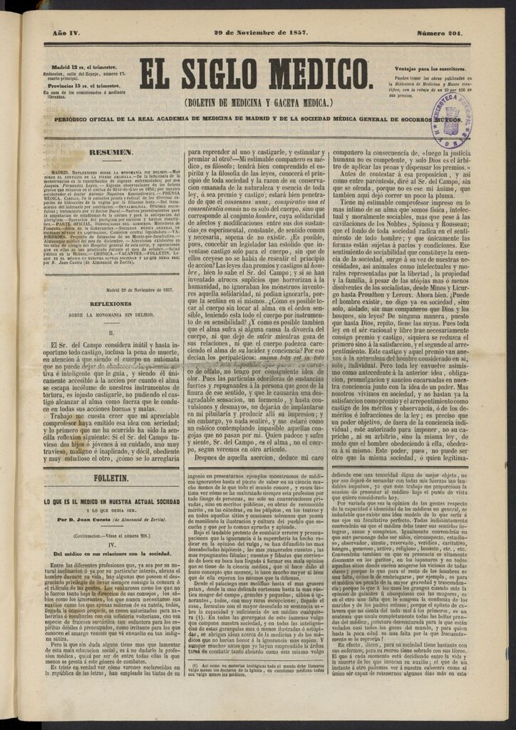 Miniatura de El Siglo Médico: boletín de medicina y gaceta médica del 29 de noviembre de 1857, nº 204