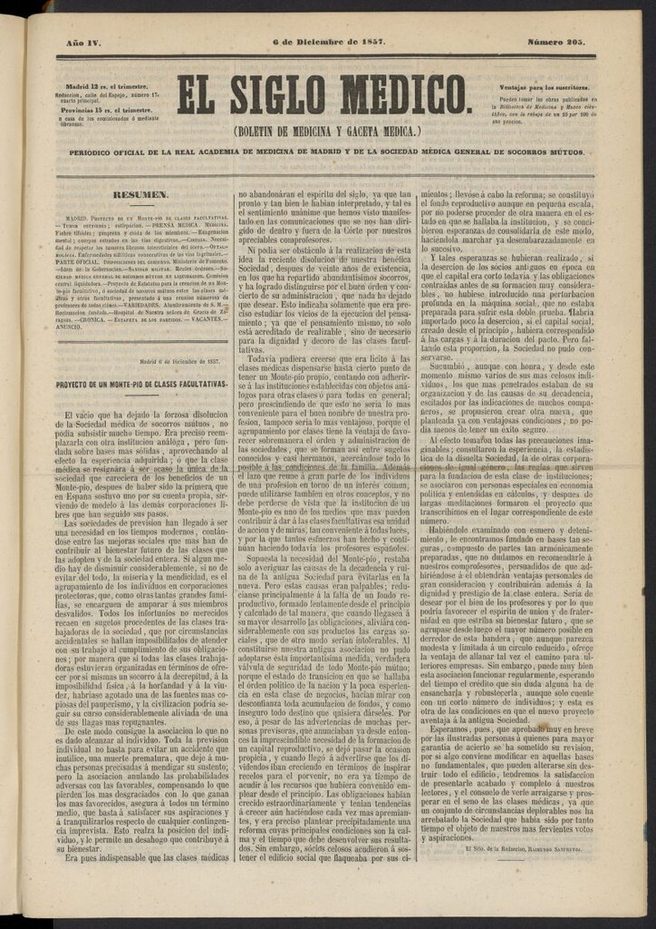Miniatura de El Siglo Médico: boletín de medicina y gaceta médica del 6 de diciembre de 1857, nº 205